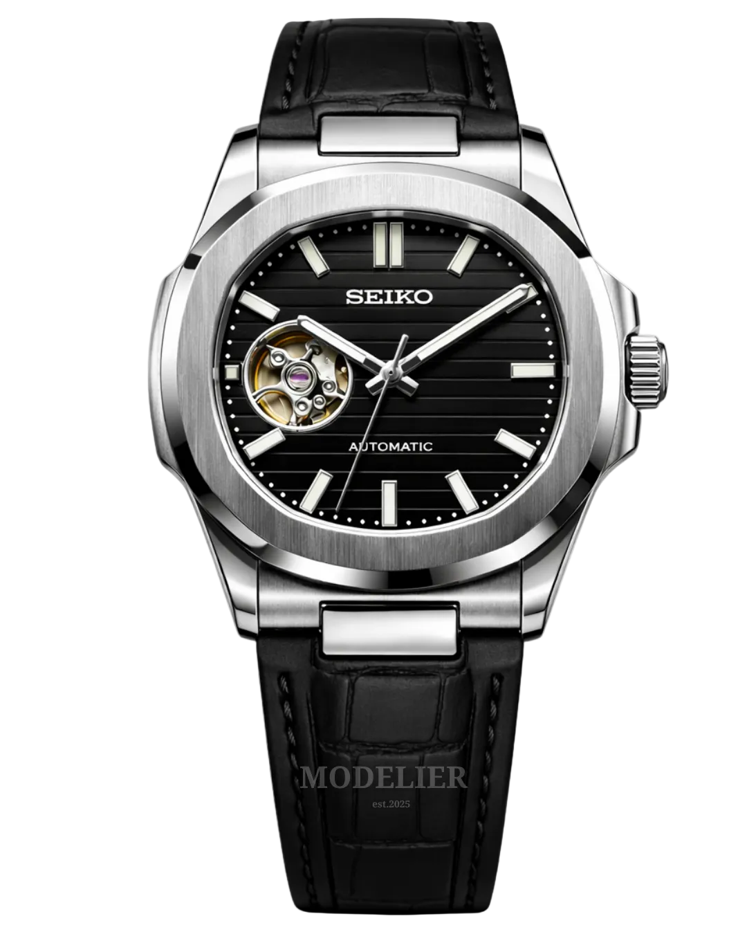 Seiko Nautilus Mod Open Heart Black | Leather