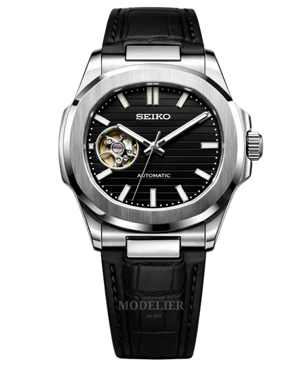 Seiko Nautilus Mod Open Heart Black | Leather