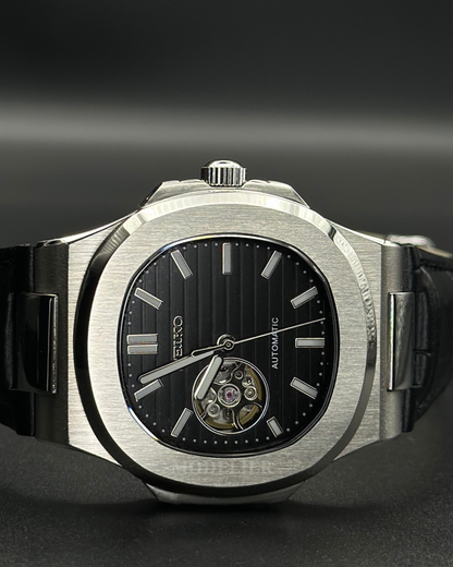 Seiko Nautilus Mod Open Heart Black | Leather