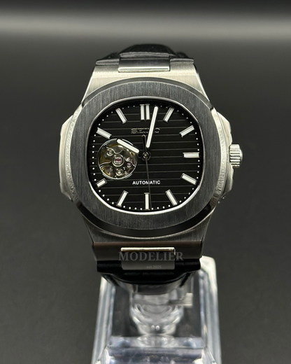 Seiko Nautilus Mod Open Heart Black | Leather