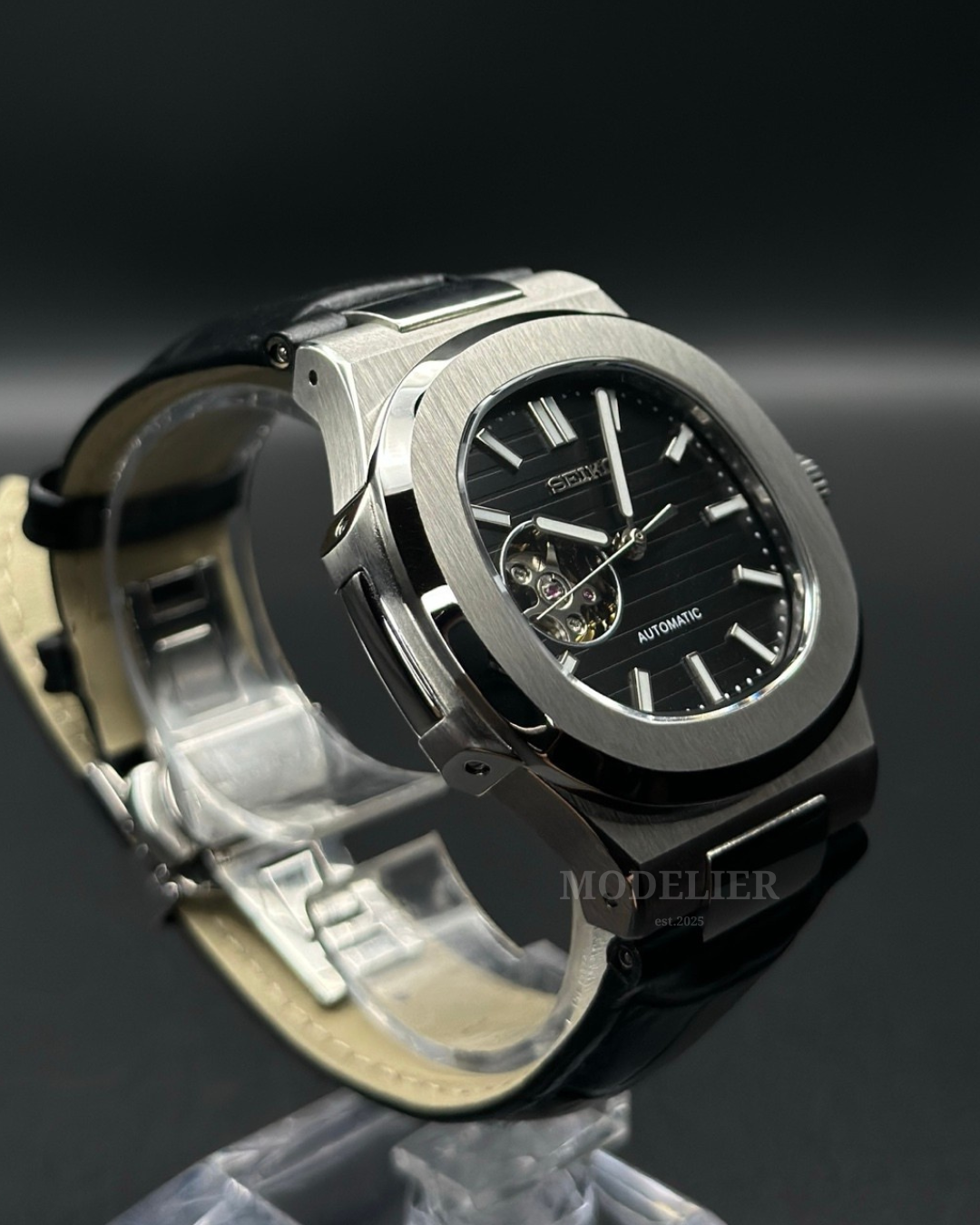 Seiko Nautilus Mod Open Heart Black | Leather