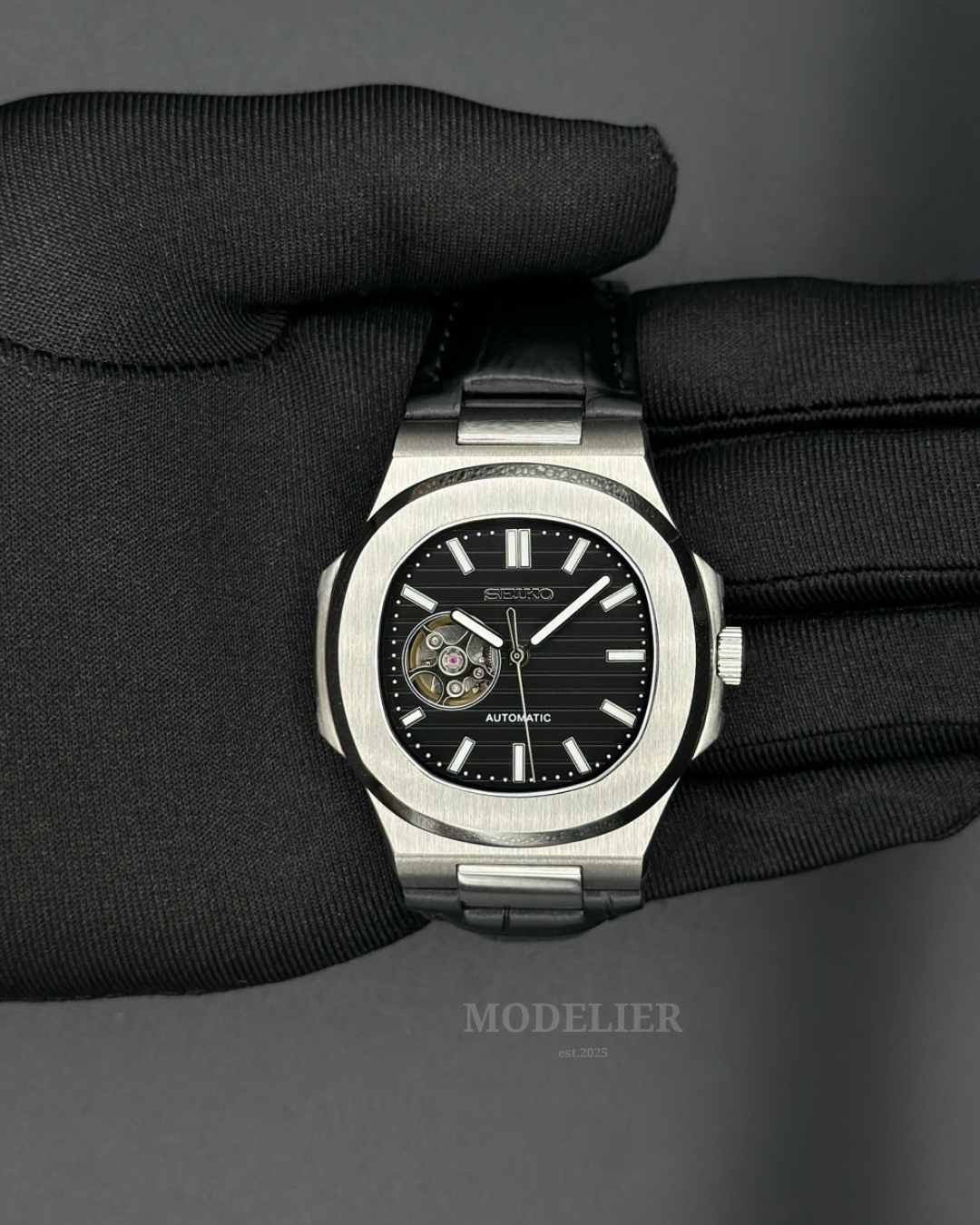 Seiko Nautilus Mod Open Heart Black | Leather