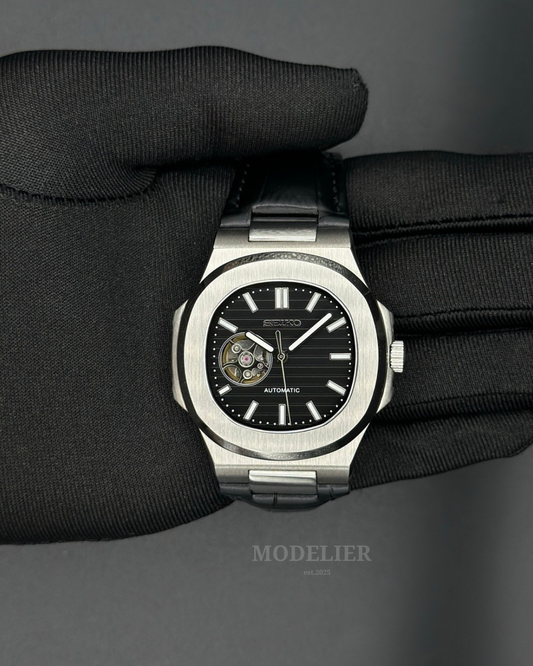 Seiko Nautilus Mod Open Heart Black | Leather